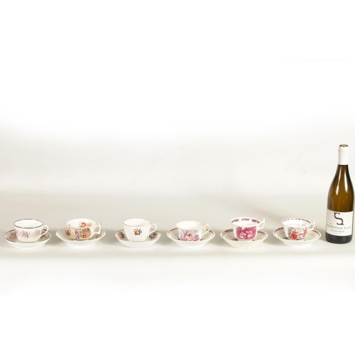 59 - A COLLECTION OF SIX VARIOUS 19TH CENTURY PORCELAIN AND CHINAWARE LARGE TEACUPS AND SAUCERS with lust... 