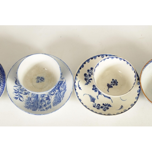 60 - A COLLECTION OF 18TH CENTURY BLUE AND WHITE CAUGLEY AND OTHER TEA BOWLS AND SAUCERS of varying patte... 