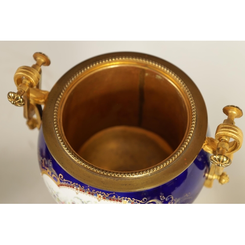 61 - A FINE PAIR OF 19TH CENTURY ORMOLU AND SEVRES PORCELAIN TWO HANDLED VASE AND COVERS the gilt and jew... 