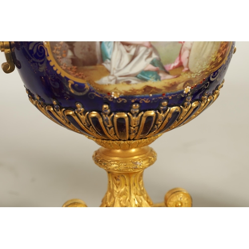 61 - A FINE PAIR OF 19TH CENTURY ORMOLU AND SEVRES PORCELAIN TWO HANDLED VASE AND COVERS the gilt and jew... 