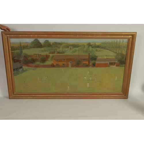 610 - FRED DUBERY (1926-2011). A 20TH CENTURY OIL ON CANVAS DEPICTING A CRICKETING LANDSCAPE entitled on r... 