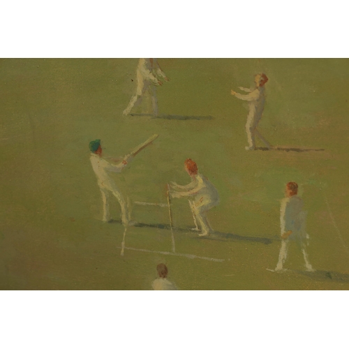 610 - FRED DUBERY (1926-2011). A 20TH CENTURY OIL ON CANVAS DEPICTING A CRICKETING LANDSCAPE entitled on r... 