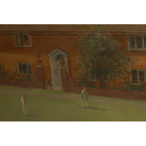 610 - FRED DUBERY (1926-2011). A 20TH CENTURY OIL ON CANVAS DEPICTING A CRICKETING LANDSCAPE entitled on r... 