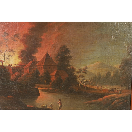 613 - SCHUTZ - 18TH CENTURY CONTINENTAL SCHOOL OIL ON CANVAS River landscape scene with figures and fire b... 