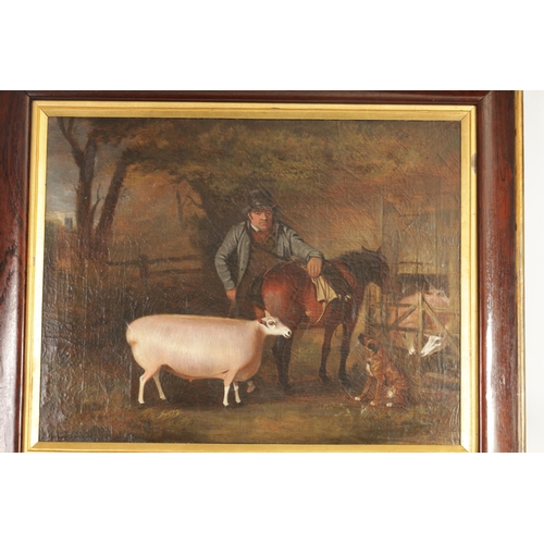 615 - EARLY 19TH CENTURY ENGLISH PRIMITIVE SCHOOL OIL ON CANVAS Rural scene with a farmer, horse and a pri... 