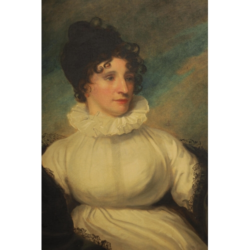 624 - LATE 18TH CENTURY OIL ON CANVAS - HALF LENGTH PORTRAIT OF A LADY Wearing a white dress with ruff col... 