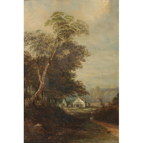 625 - FOLLOWER OF THOMAS CRESWICK. A 19TH CENTURY OIL ON CANVAS. Country lane scene with farmhouse in the ... 