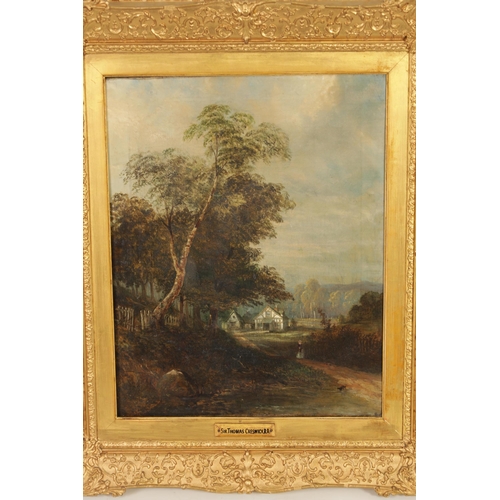 625 - FOLLOWER OF THOMAS CRESWICK. A 19TH CENTURY OIL ON CANVAS. Country lane scene with farmhouse in the ... 