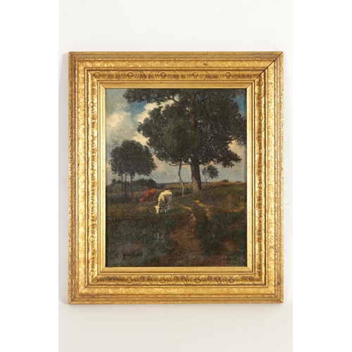 628 - CARLTON WIGGINS. AMERICAN (1848-1931) HUDSON RIVER SCHOOL OIL ON CANVAS. Cattle grazing, signed lowe... 