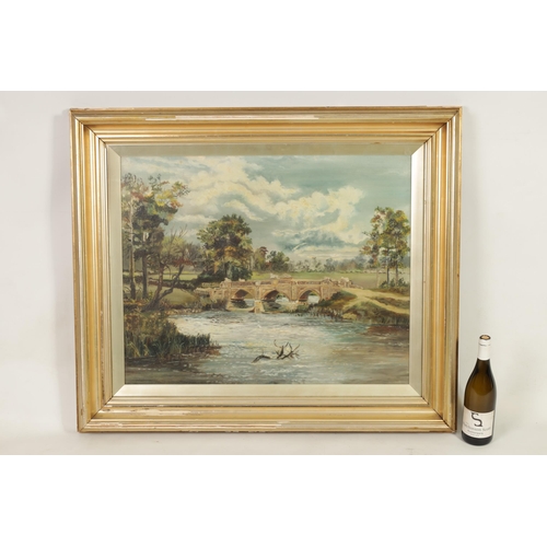 629 - A 19TH CENTURY OIL ON CANVAS. Country house landscape with bridge, inscription on reverse 