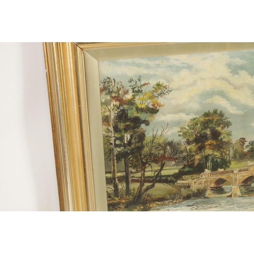 629 - A 19TH CENTURY OIL ON CANVAS. Country house landscape with bridge, inscription on reverse 