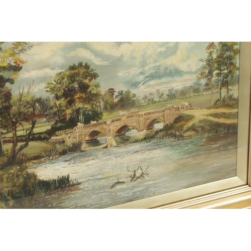 629 - A 19TH CENTURY OIL ON CANVAS. Country house landscape with bridge, inscription on reverse 