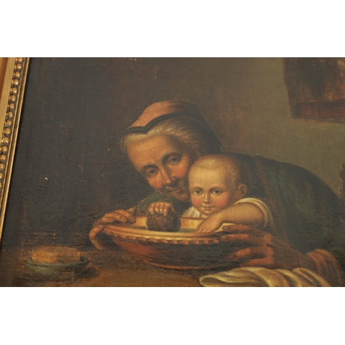 632 - A 19TH CENTURY CONTINENTAL SCHOOL OIL ON CANVAS. Interior scene with baby and grandmother - in gilt ... 