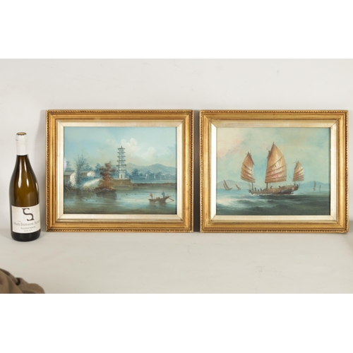 635 - A PAIR OF LATE 19TH CENTURY CHINESE PAINTINGS of a fishing boat off the coast and a lake scene with ... 