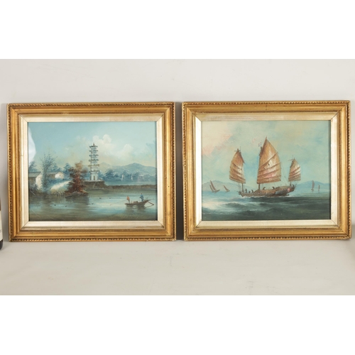 635 - A PAIR OF LATE 19TH CENTURY CHINESE PAINTINGS of a fishing boat off the coast and a lake scene with ... 