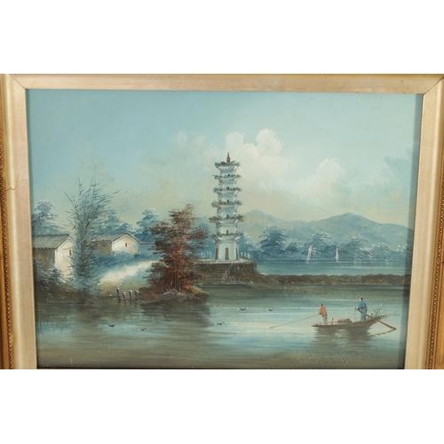 635 - A PAIR OF LATE 19TH CENTURY CHINESE PAINTINGS of a fishing boat off the coast and a lake scene with ... 