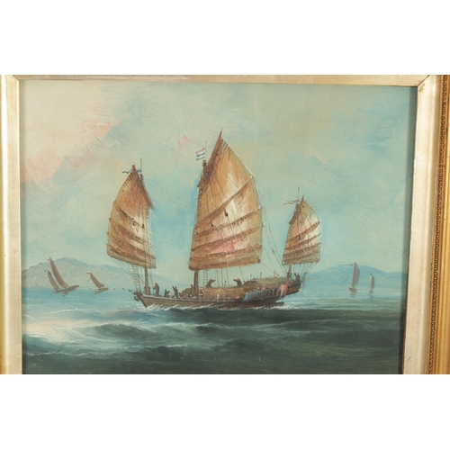 635 - A PAIR OF LATE 19TH CENTURY CHINESE PAINTINGS of a fishing boat off the coast and a lake scene with ... 