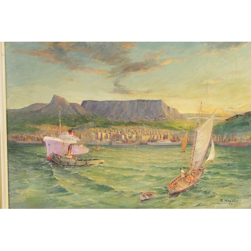 638 - G WALKER OIL ON CANVAS SOUTH AFRICAN SCENE Sea Scape with a view of Cape Town, Table Mountain and pa... 