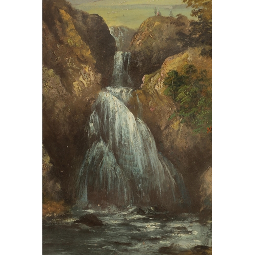 651 - 19TH CENTURY OIL ON CARD North Wales landscape scene with waterfall at the foot of Mount Snowdon. Un... 