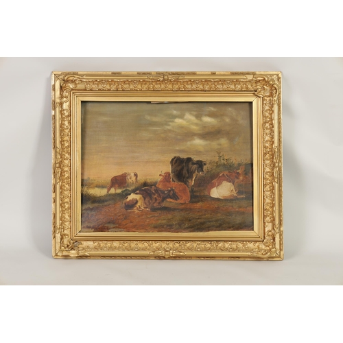 654 - A PAIR OF 19TH CENTURY OILS ON CANVAS depicting cattle on a country lane and cows resting by a lake,... 