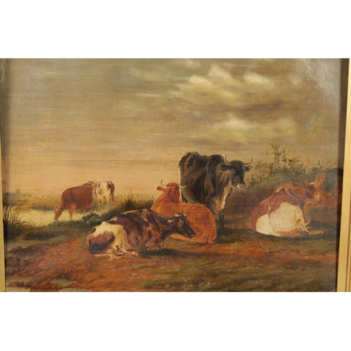 654 - A PAIR OF 19TH CENTURY OILS ON CANVAS depicting cattle on a country lane and cows resting by a lake,... 