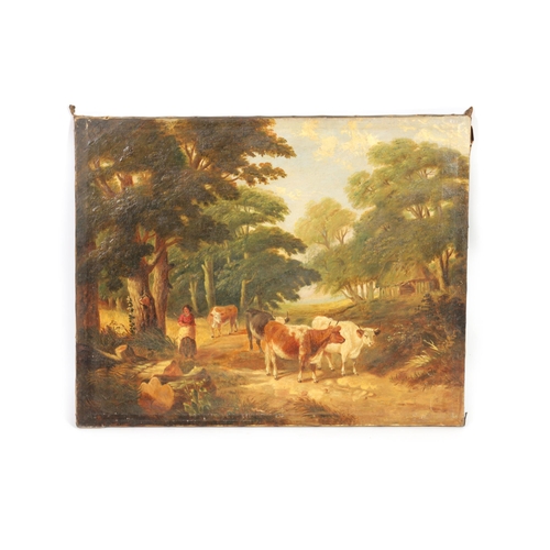 654 - A PAIR OF 19TH CENTURY OILS ON CANVAS depicting cattle on a country lane and cows resting by a lake,... 