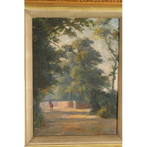 655 - A LATE 19TH CENTURY OIL ON CANVAS. Country lane scene with rider on horseback - in decorative gilt m... 