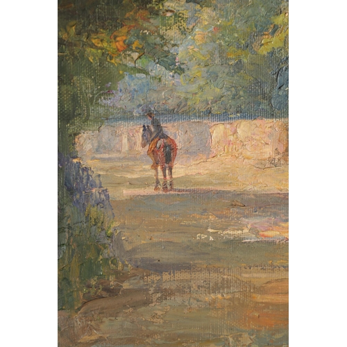 655 - A LATE 19TH CENTURY OIL ON CANVAS. Country lane scene with rider on horseback - in decorative gilt m... 