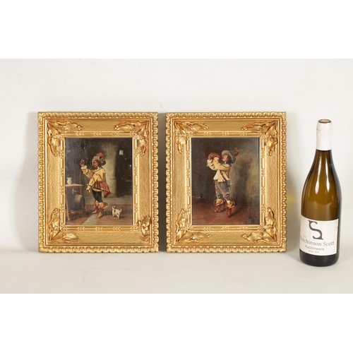 660 - A PAIR OF 19TH CENTURY CONTINENTAL OILS ON WOOD PANEL. Interior scenes of drinking cavaliers (18.5cm... 