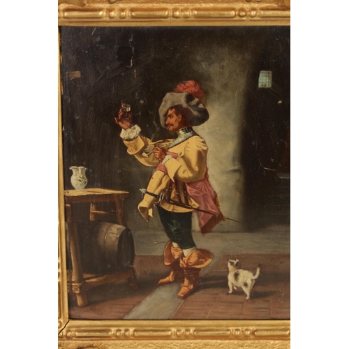 660 - A PAIR OF 19TH CENTURY CONTINENTAL OILS ON WOOD PANEL. Interior scenes of drinking cavaliers (18.5cm... 