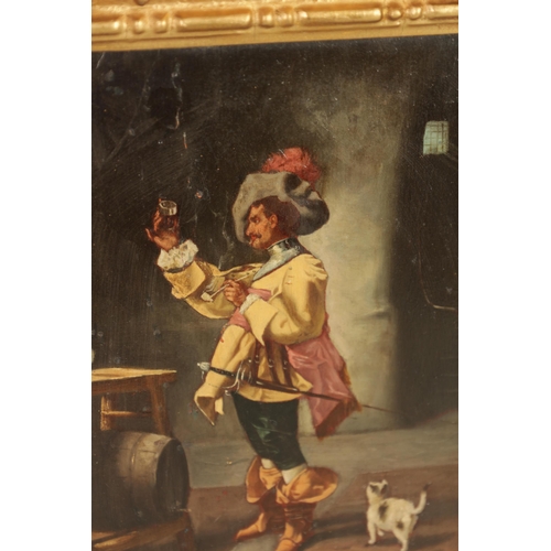 660 - A PAIR OF 19TH CENTURY CONTINENTAL OILS ON WOOD PANEL. Interior scenes of drinking cavaliers (18.5cm... 