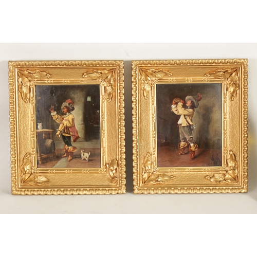 660 - A PAIR OF 19TH CENTURY CONTINENTAL OILS ON WOOD PANEL. Interior scenes of drinking cavaliers (18.5cm... 