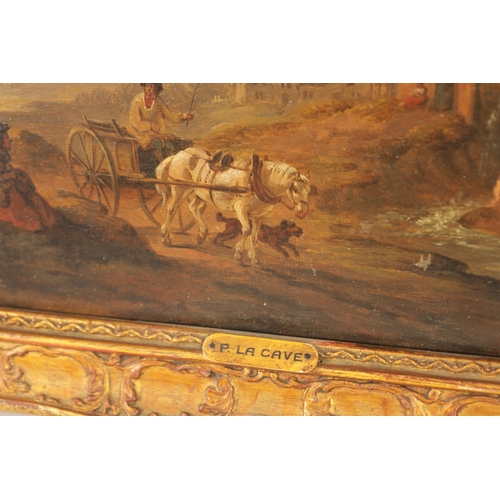 665 - ATT. PETER LA CAVE. A 19TH CENTURY OIL ON PANEL A COUNTRY COTTAGE SCENE depicting figures on a horse... 