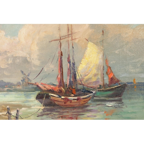 673 - A SMALL EARLY 20TH CENTURY OIL ON CANVAS. A Dutch coastal scene with moored vessels, signed lower le... 