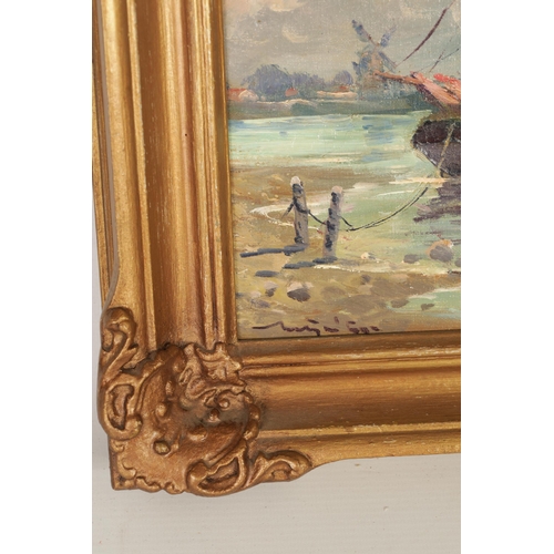 673 - A SMALL EARLY 20TH CENTURY OIL ON CANVAS. A Dutch coastal scene with moored vessels, signed lower le... 