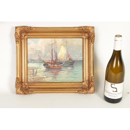 673 - A SMALL EARLY 20TH CENTURY OIL ON CANVAS. A Dutch coastal scene with moored vessels, signed lower le... 