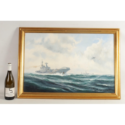 677 - KENNETH L. GRANT BORN 1938 OIL ON CANVAS Seascape with 'The Destroyer' aircraft carrier from the Fal... 