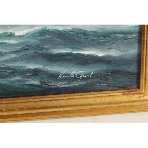 677 - KENNETH L. GRANT BORN 1938 OIL ON CANVAS Seascape with 'The Destroyer' aircraft carrier from the Fal... 