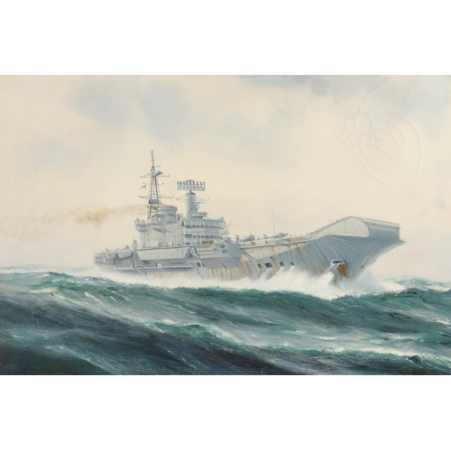 677 - KENNETH L. GRANT BORN 1938 OIL ON CANVAS Seascape with 'The Destroyer' aircraft carrier from the Fal... 