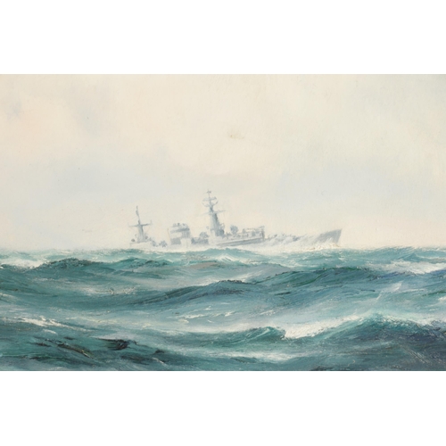 677 - KENNETH L. GRANT BORN 1938 OIL ON CANVAS Seascape with 'The Destroyer' aircraft carrier from the Fal... 