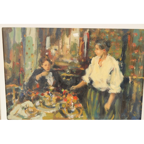 690 - KEN MORONEY (1949-2018) OIL ON BOARD titled 'The Tea Room' signed lower left - in decorative gilt mo... 