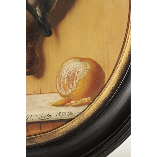 692 - PIETRO COSTA. A 19TH CENTURY TROMPE-L'ŒIL OIL ON OVAL PANEL STILL LIFE hanging game above fruit on a... 