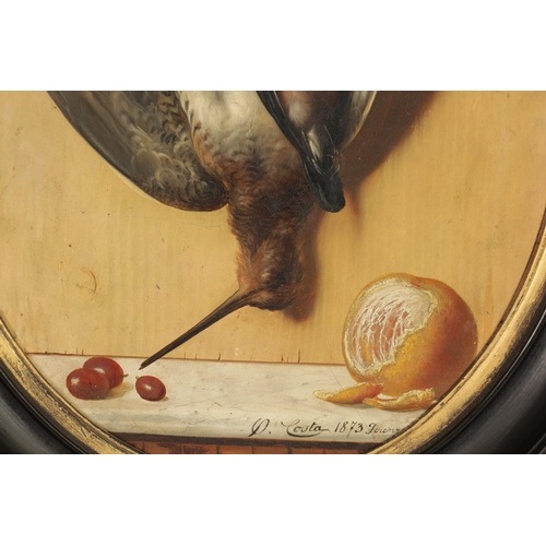 692 - PIETRO COSTA. A 19TH CENTURY TROMPE-L'ŒIL OIL ON OVAL PANEL STILL LIFE hanging game above fruit on a... 