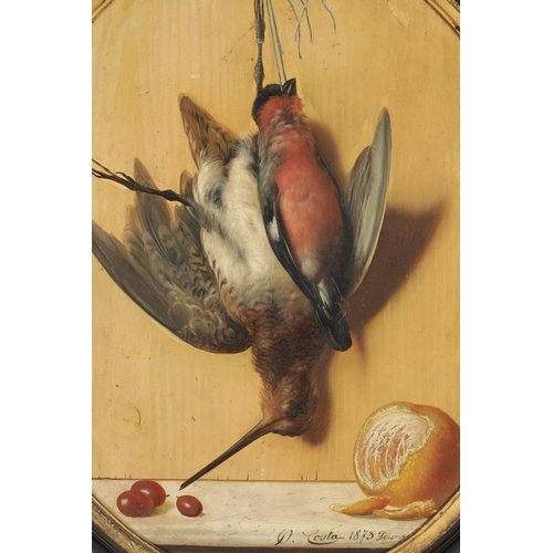 692 - PIETRO COSTA. A 19TH CENTURY TROMPE-L'ŒIL OIL ON OVAL PANEL STILL LIFE hanging game above fruit on a... 