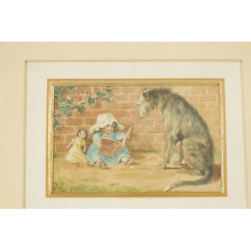 695 - A LATE 19TH CENTURY WATERCOLOUR. Irish wolfhound watching over a little girl with doll, signed initi... 