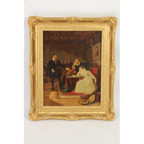 699 - A 19TH CENTURY OIL ON MAHOGANY PANEL interior scene - in swept gilt frame (44.5cm high, 34cm wide)