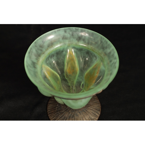 7 - A SCHNEIDER GLASS AND IRON ART NOUVEA VASE the moulded vaselin glass vase, signed to the body, mount... 