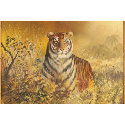 701 - 20TH CENTURY OIL ON CANVAS Animal portrait of a Bengal tiger amongst grasses and shrubs. Bears signa... 