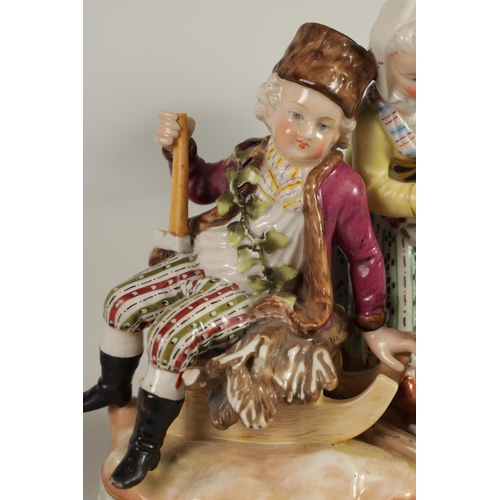 83 - A PAIR OF LATE 19TH CENTURY SITZENDORF FIGURE GROUPS emblematic of Autumn and Winter depicted with a... 