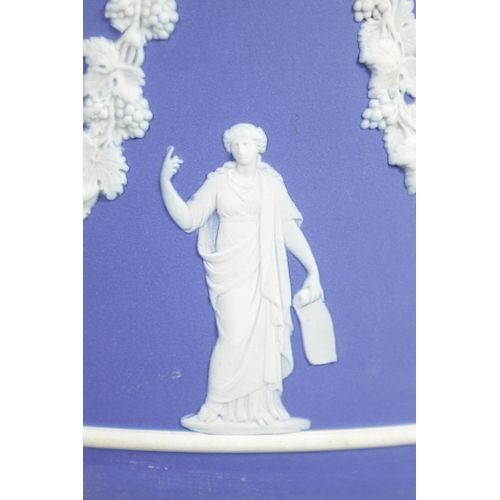 88 - A LARGE WEDGWOOD JASPERWARE JARDINIERE with classical figures and lions masks united by grape vine g... 